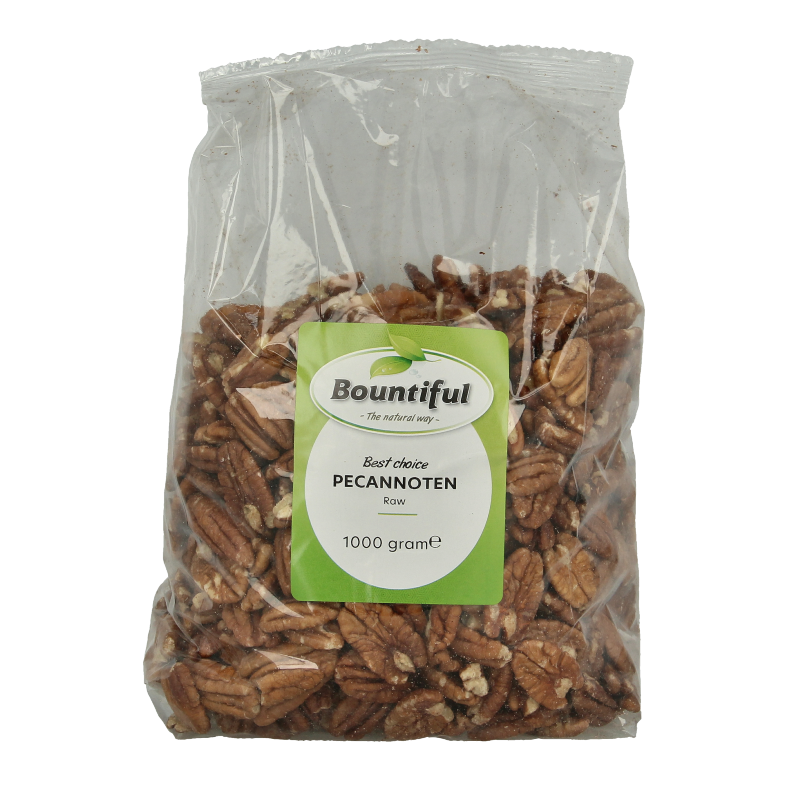 Raw pecannoten from Bountiful superfoods in a 1 kilogram package, showcasing fresh, whole pecans with a rich, nutty appearance.