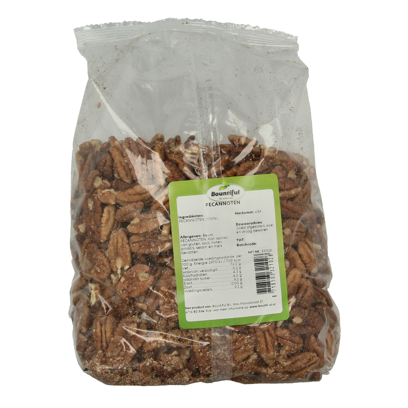 Raw pecannoten from Bountiful Superfoods, 1 kilogram bag of crunchy, nutrient-rich pecan nuts with shells.