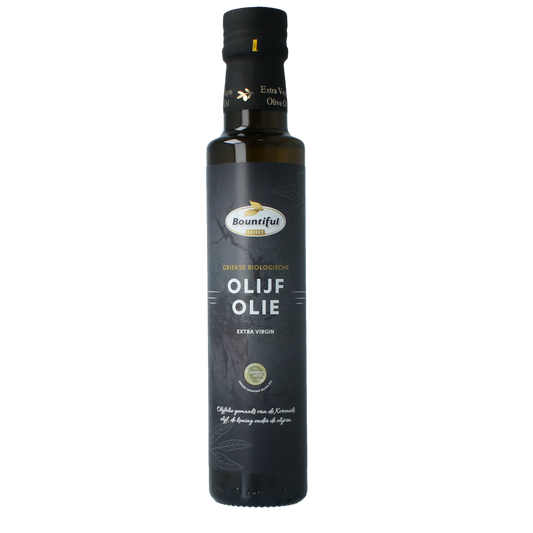 Bountiful organic Greek extra virgin olive oil in a 250ml bottle, premium quality olive oil for cooking and salads.