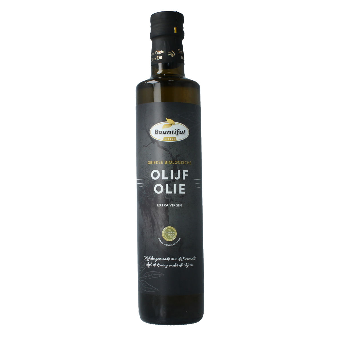 Bountiful organic Greek extra virgin olive oil in a 500ml bottle, showcasing the golden-green color of premium olive oil.