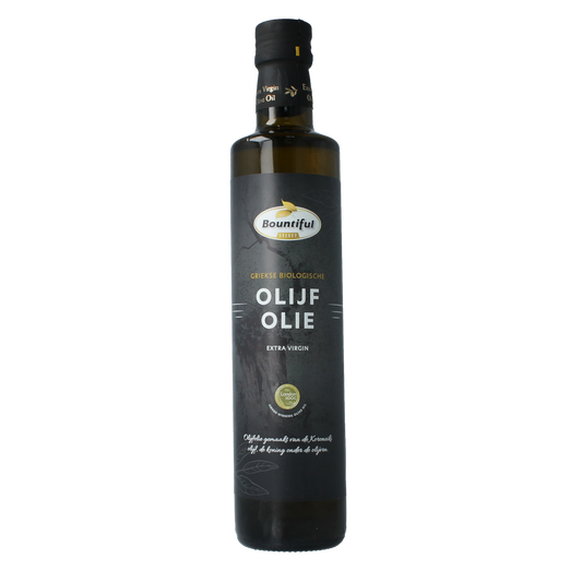 Bountiful organic Greek extra virgin olive oil in a 500ml bottle, showcasing the golden-green color of premium olive oil.