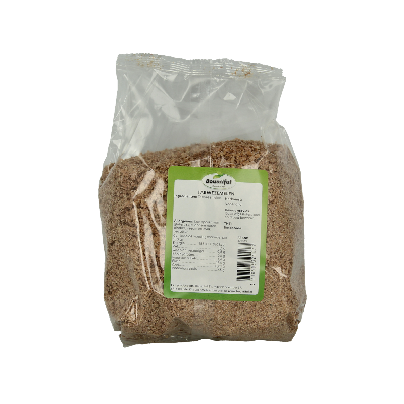 Bountiful Tarwezemelen ontbijtgranen in 250g package, close-up of the wheat germ product in a clear container.