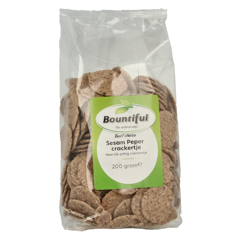 Bountiful sesame pepper cracker in 200g package, showing crispy crackers with sesame seeds and pepper seasoning.