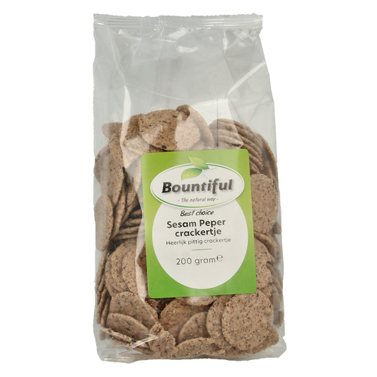 Bountiful sesame pepper cracker in 200g package, showing crispy crackers with sesame seeds and pepper seasoning.