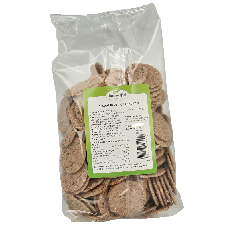 Bountiful sesame pepper cracker, 200g, crispy bread and cracker snack with sesame seeds and pepper visible in the image.