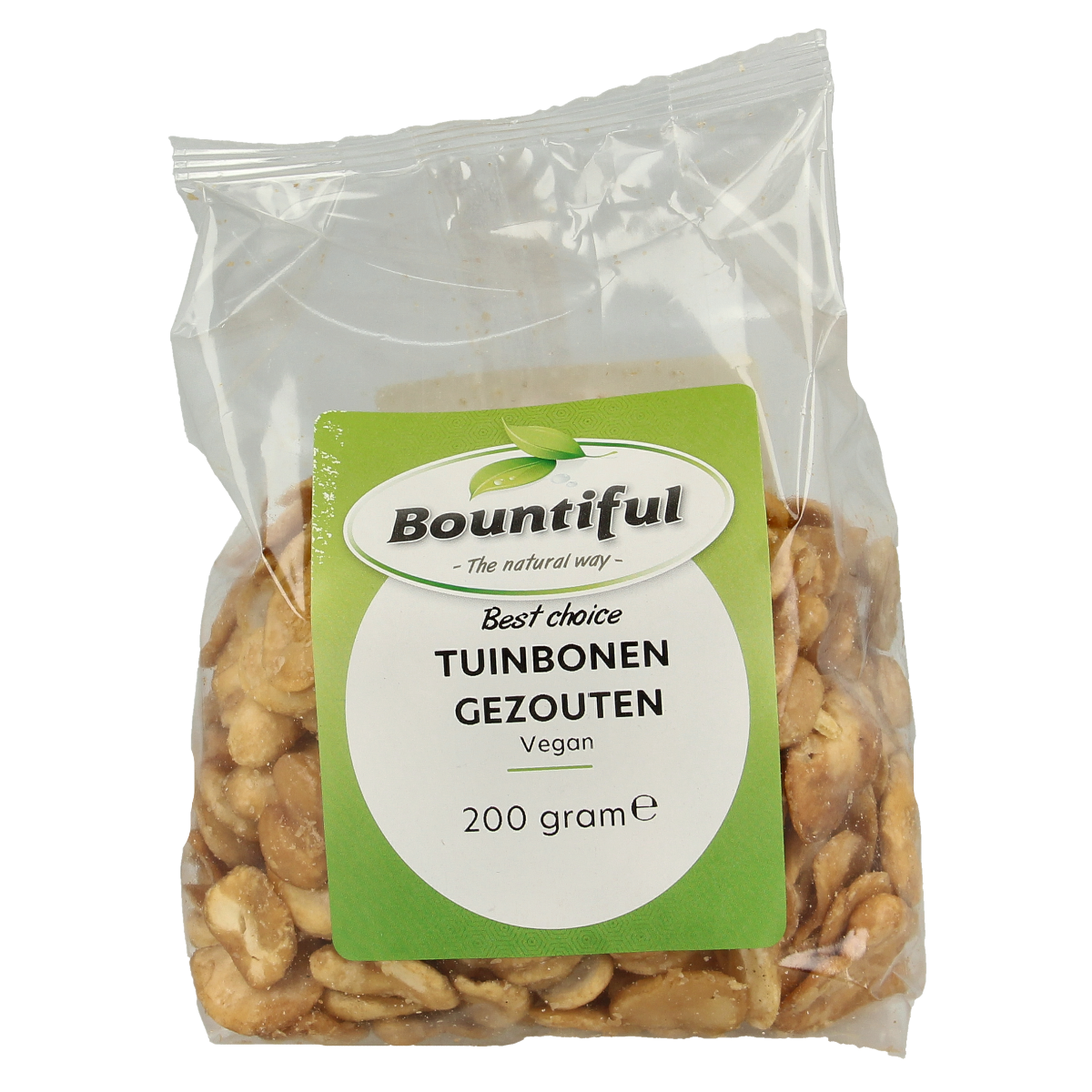 Bountiful salted tuinbonen chips in a 200g package, showing crunchy, salted green beans in a resealable bag.