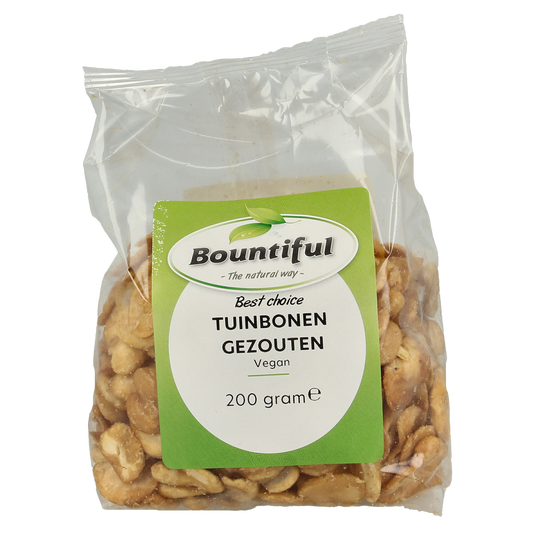 Bountiful salted tuinbonen chips in a 200g package, showing crunchy, salted green beans in a resealable bag.