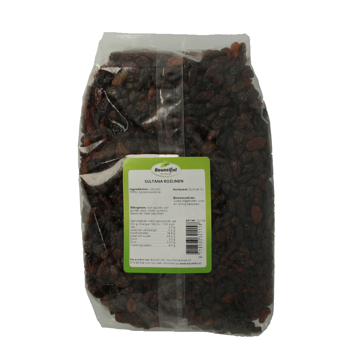 Bountiful Sultana rozijnen in 1kg package, raw superfoods, close-up of golden dried sultana grapes on a white background.