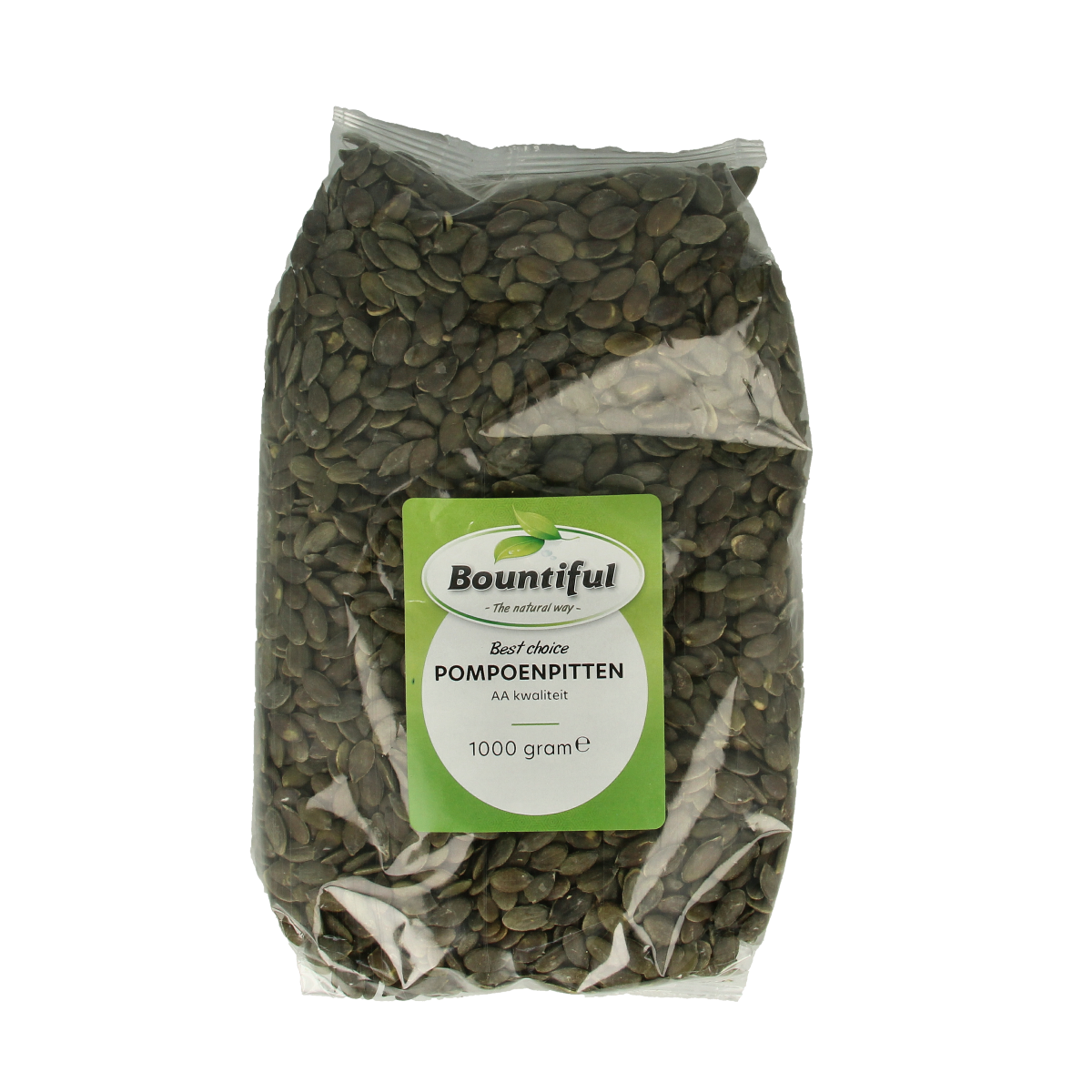 Raw Bountiful pompoenpitten (pumpkin seeds) in a 1kg bag, showcasing fresh, natural superfood seeds from Bountiful.