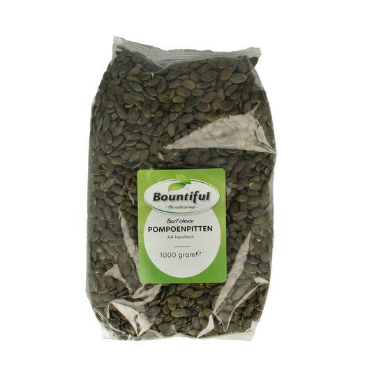 Raw Bountiful pompoenpitten (pumpkin seeds) in a 1kg bag, showcasing fresh, natural superfood seeds from Bountiful.