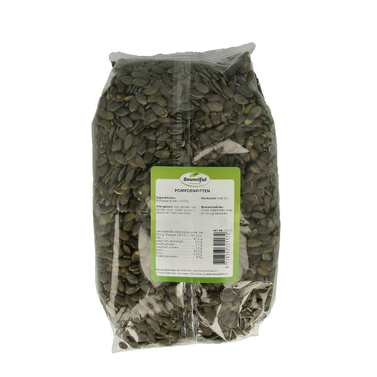 Raw Bountiful pompoenpitten (pumpkin seeds) in a kilogram bag, healthy superfoods snack with green pumpkin seeds.