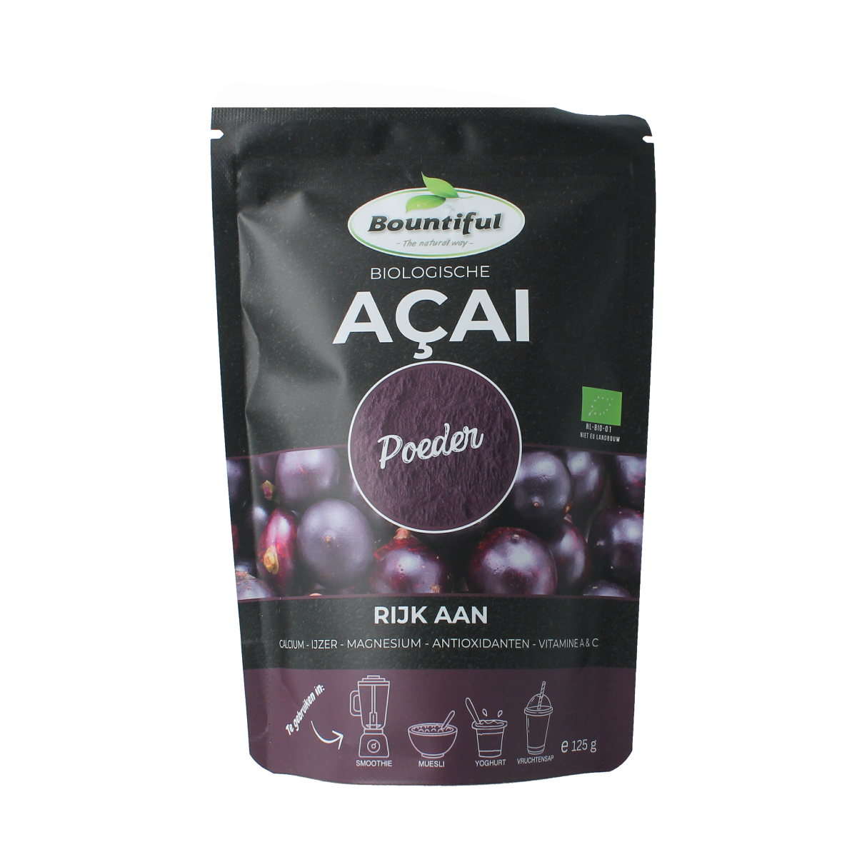Bountiful organic acai powder in a 125g package, a dietary supplement and herbal preparation with purple acai berries.