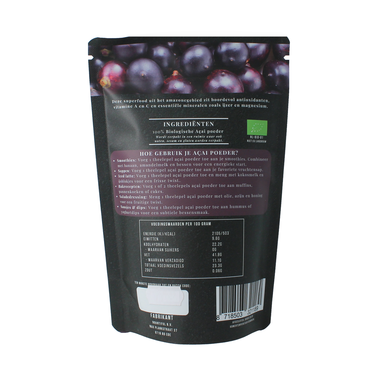 Bountiful organic acai powder in 125g package, a dietary supplement and herbal preparation with vibrant purple acai berries