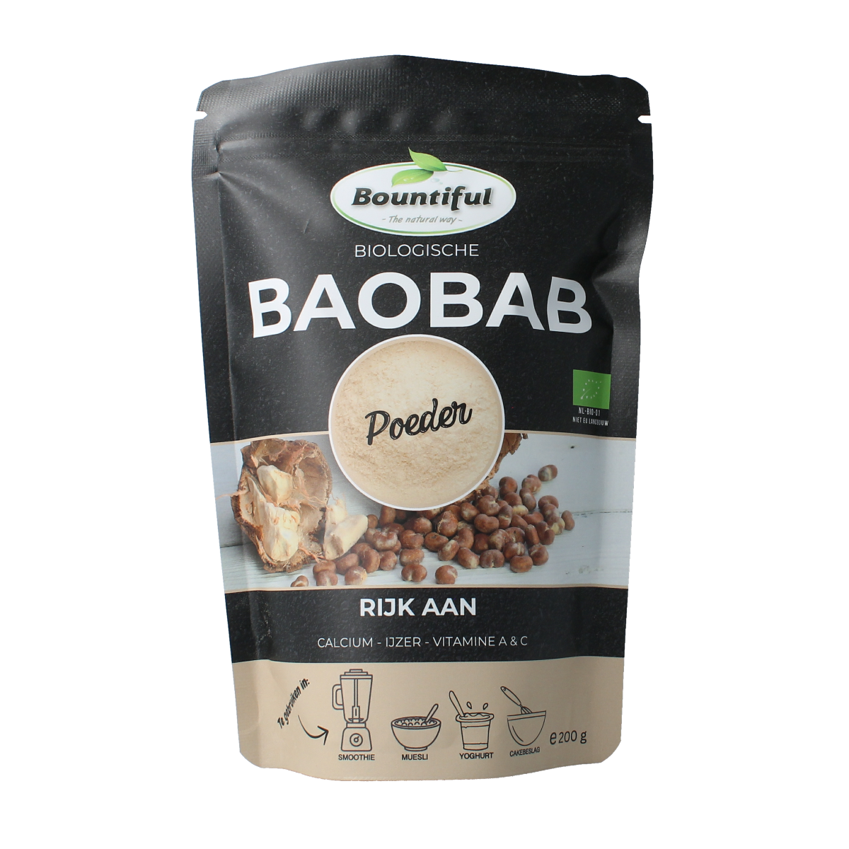 Organic Bountiful Baobab powder in a 200g jar, showing the herbal powder inside, used for health and nutrition.