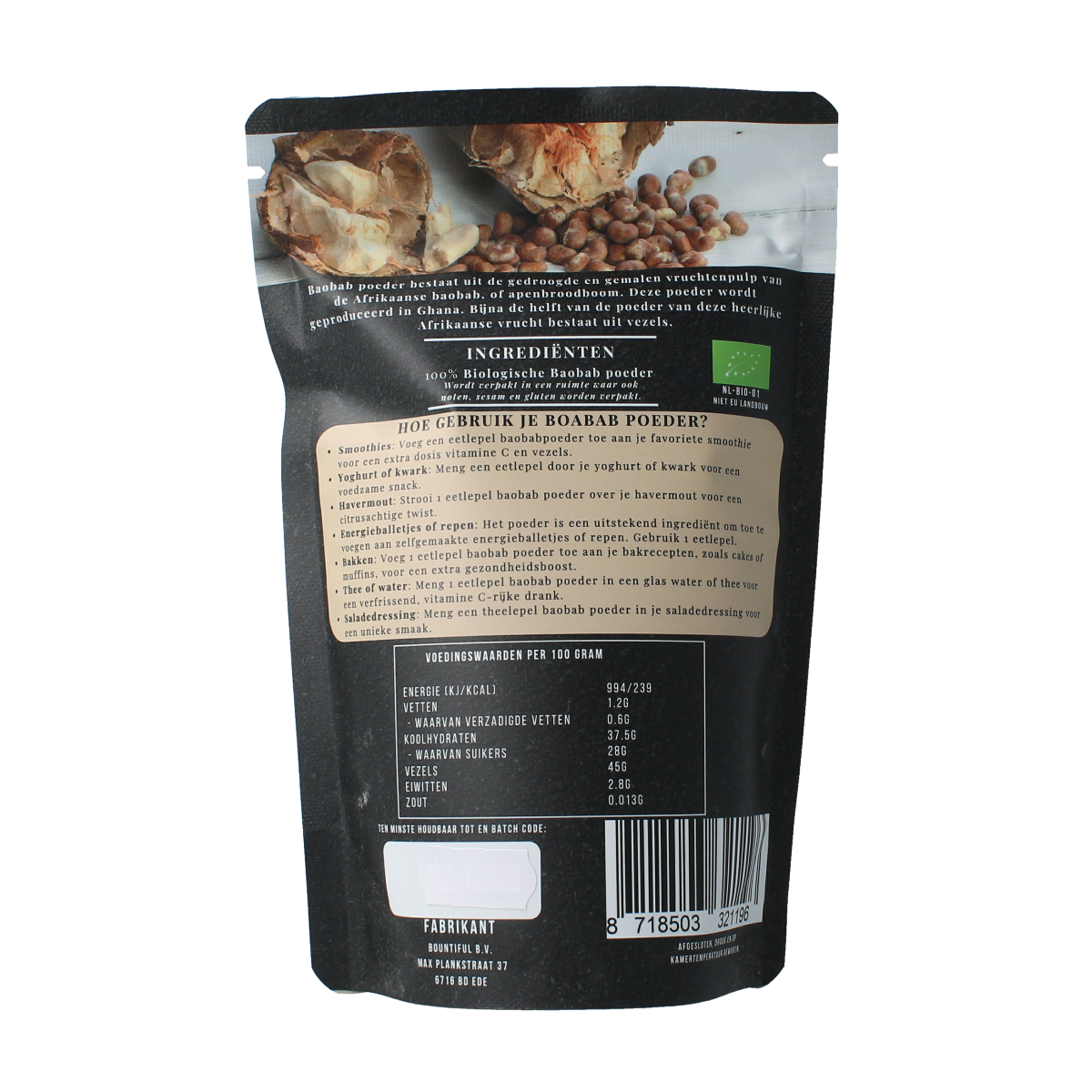Bountiful organic baobab powder in 200g package, natural superfood powder for smoothies and health recipes.