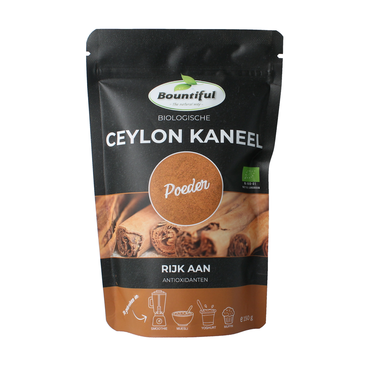 Bountiful Bountiful Ceylon cinnamon powder in 150g jar, organic spice for baking and cooking, with cinnamon sticks and spice container.