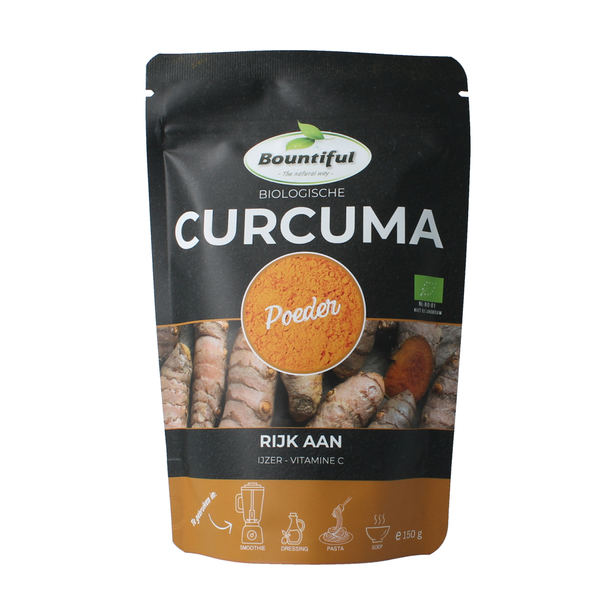 Bountiful bio turmeric powder in a 150g package, shown in a clear image with bright yellow turmeric spice.