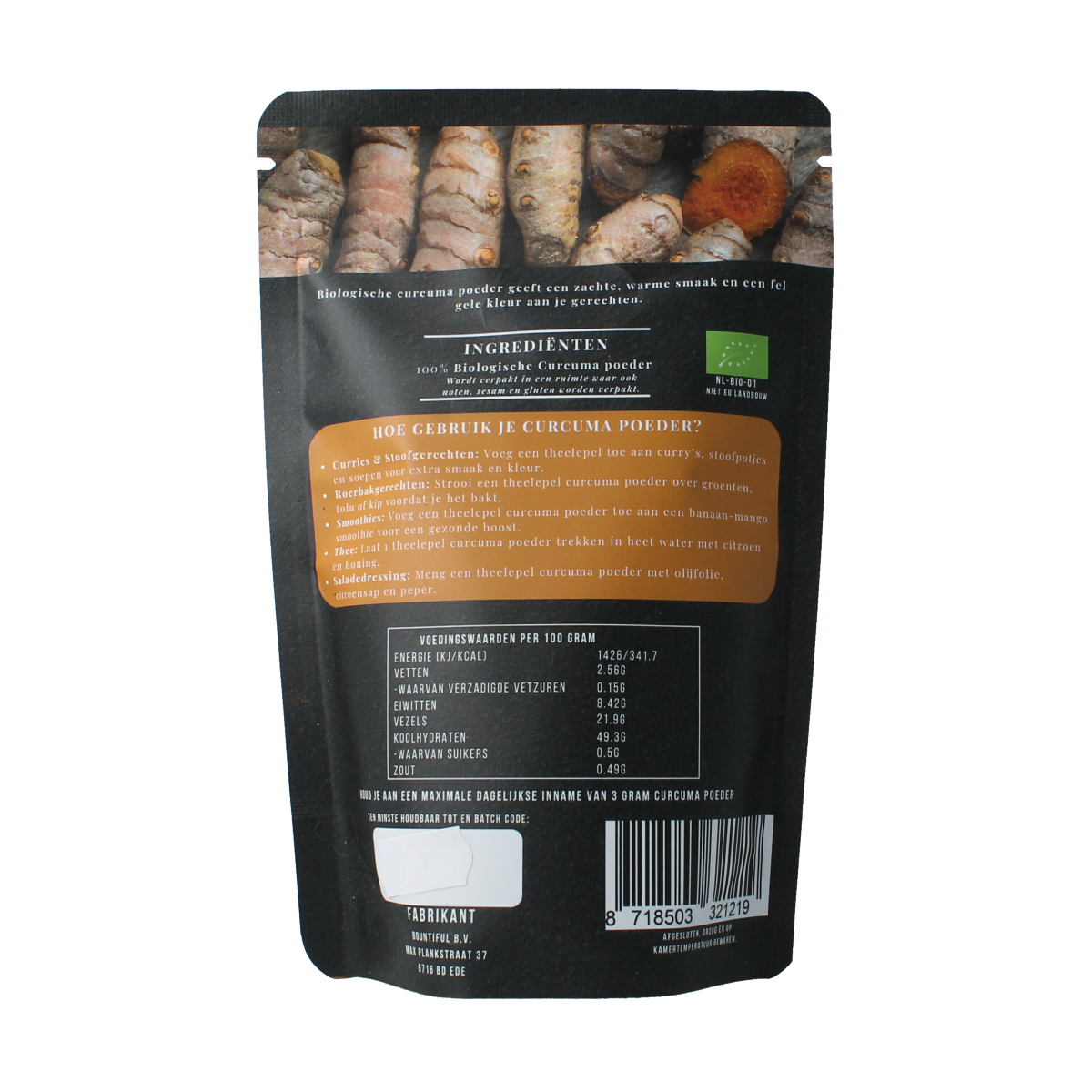 Bountiful bio turmeric powder in 150g package, close-up of the yellow spice in a clear container showing the turmeric texture.