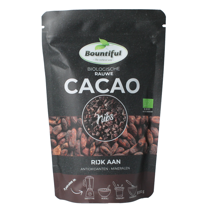 Bountiful Bountiful Raw Cacao Nibs Bio, 200g, natural superfood raw cacao nibs on a white background