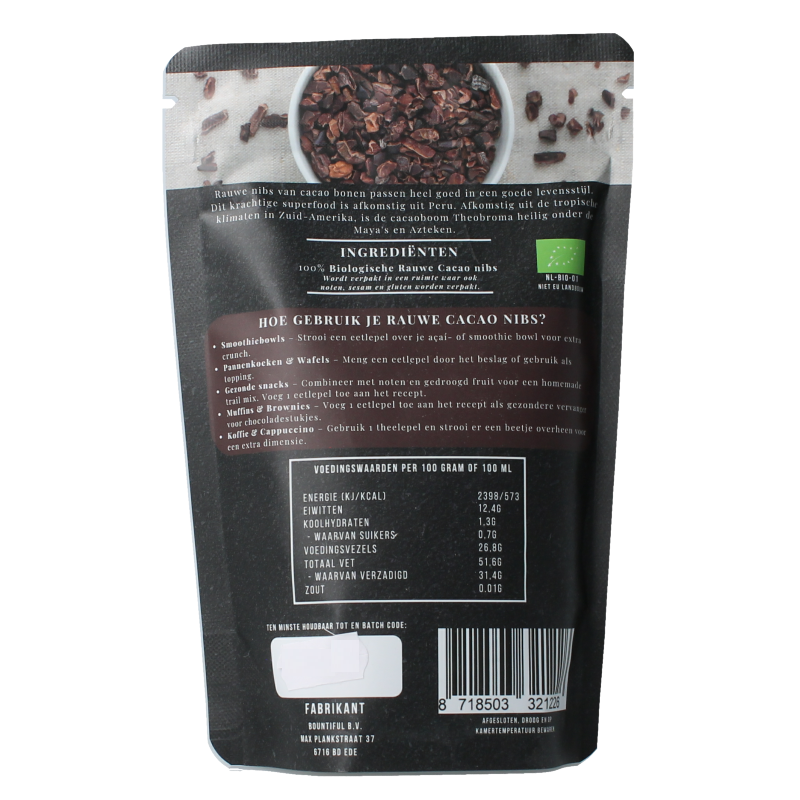Raw Bountiful Cacao Nibs Bio, 200g, natural superfood image showing loose cacao nibs in a clear container.