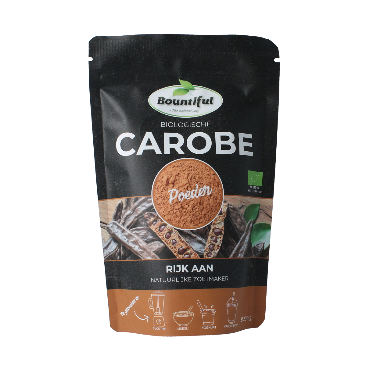 Organic Bountiful Carobe powder in 200g package, raw superfood, with a close-up of the powder in a jar and fresh carobe pods.