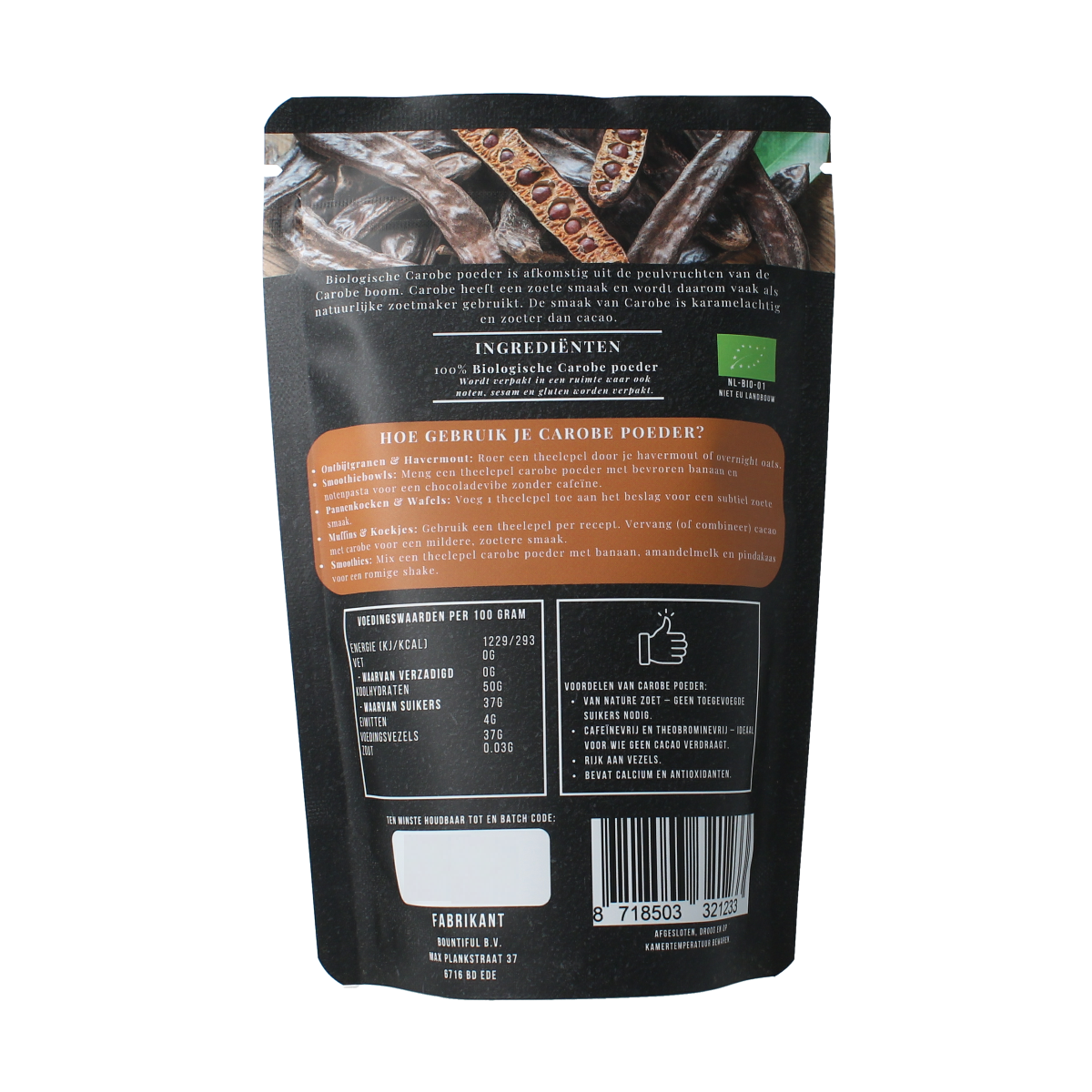 Bountiful Bountiful Carobe Powder Bio, 200g, raw superfood in a clear container with a white background.