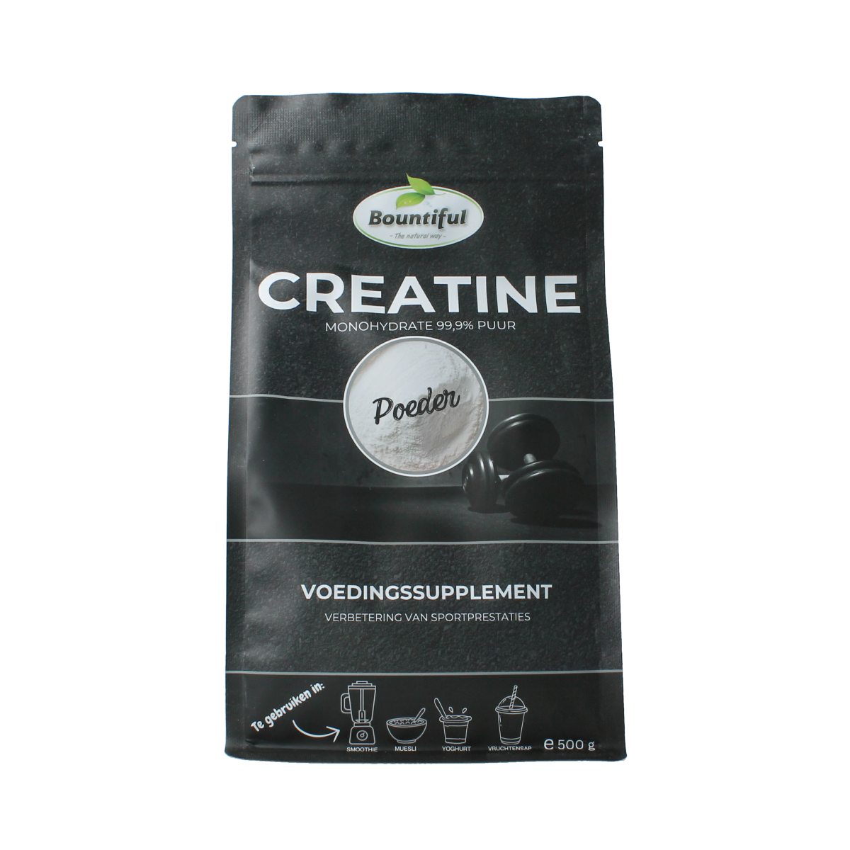 Bountiful Creatine Monohydrate powder container showing 500g size, dietary supplement for muscle performance and fitness recovery