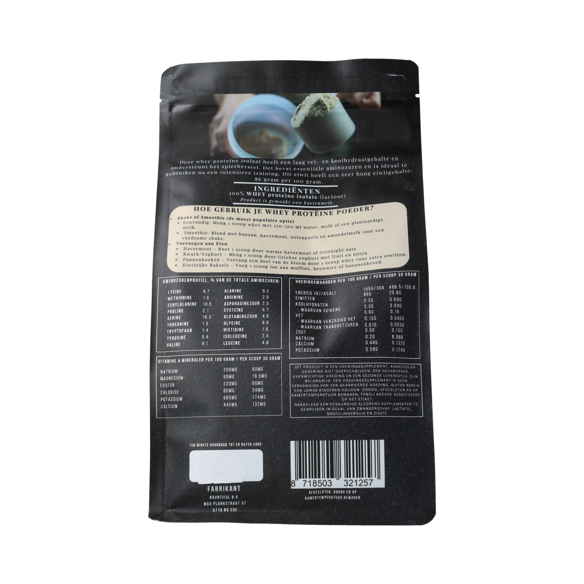 Bountiful Whey Isolate Protein Powder 500g container with amino acids supplement, featuring the product label and scoop.