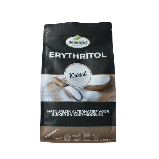 Bountiful Erythritol sugar substitute in a 1000g package, showcasing the product label with white crystalline sweetener grains.