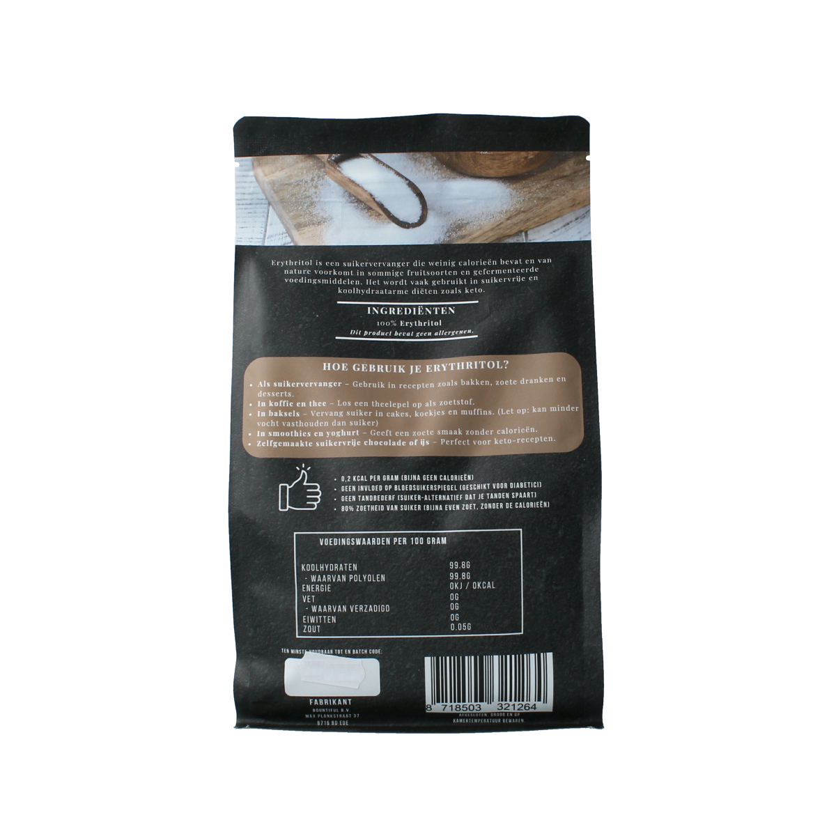 Bountiful Bountiful Erythritol 1000g package of sugar substitute in clear plastic bag with label, suitable for baking and sweetening.