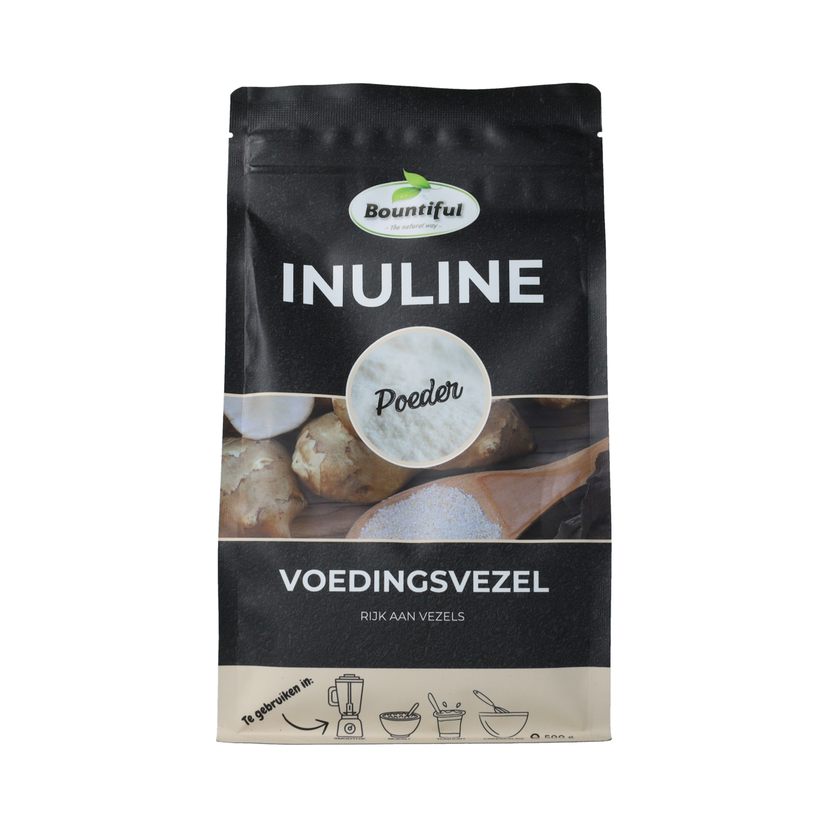 Bountiful Inuline powder, 500 grams, raw superfood supplement with white, fine, powder texture in a clear container.