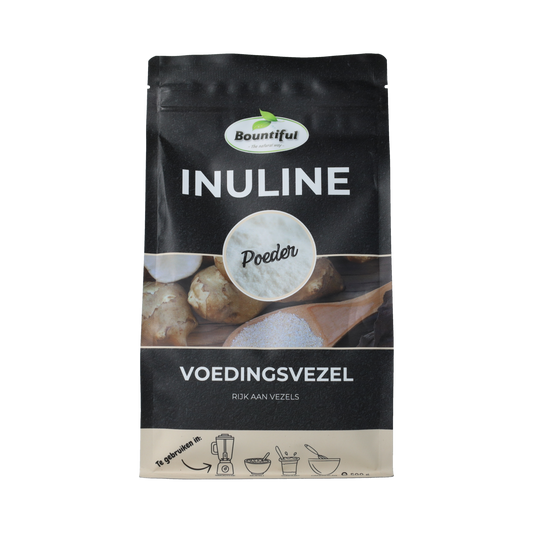 Bountiful Inuline powder in a 500g container, raw superfood supplement, close-up of the white powdered product.