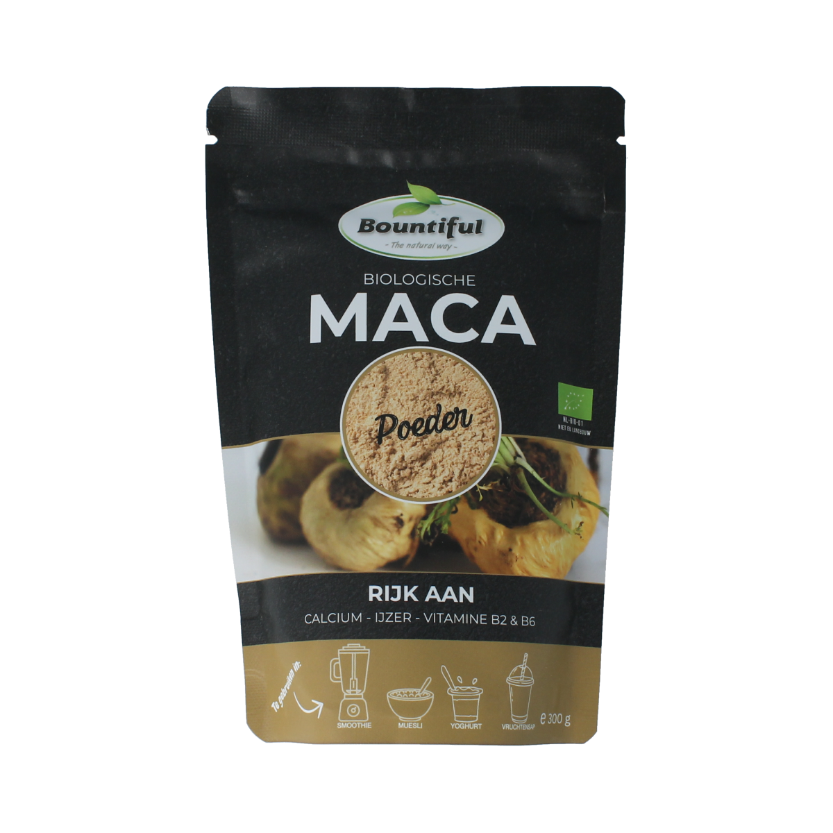 Raw Bountiful Maca powder in a 300g package, showcasing the organic superfood powder in a resealable bag.