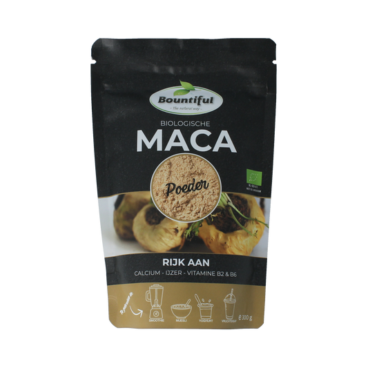 Raw Bountiful Maca powder in a 300g package, showcasing the organic superfood powder in a resealable bag.