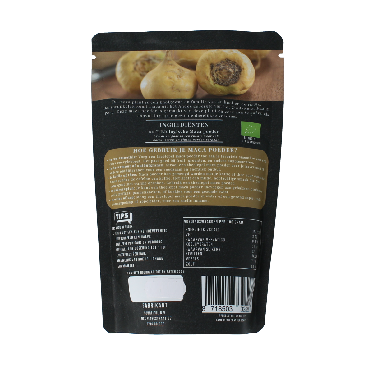 Bountiful Bountiful Maca powder bio 300g in a clear plastic bag, showing vibrant golden-brown maca root powder.
