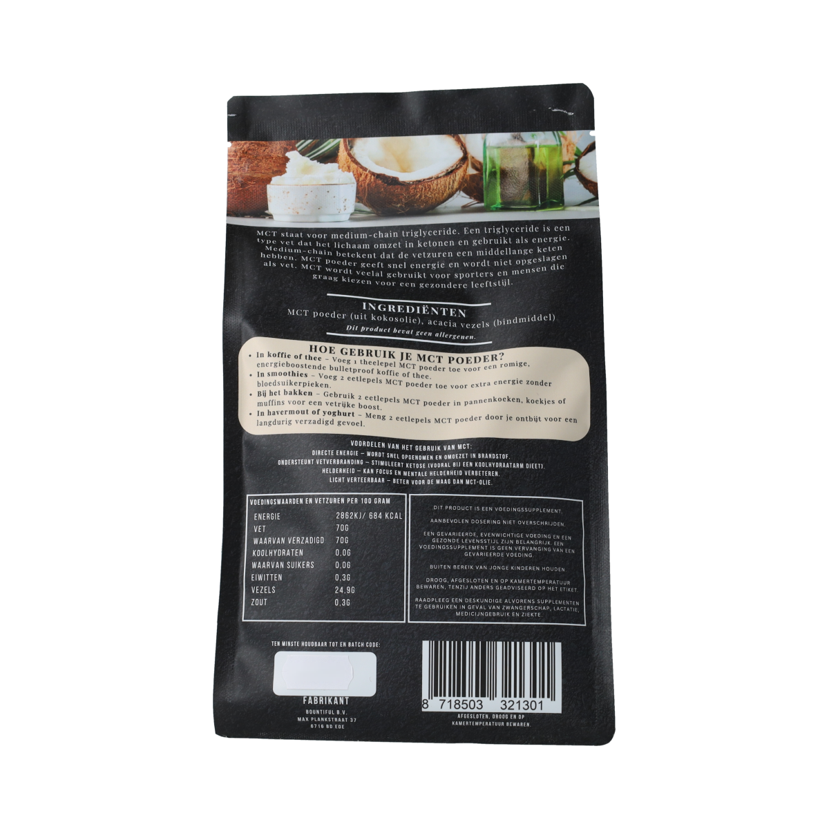 Bountiful MCT powder in a 500g container, showing the white powdered supplement for healthy fats and energy.