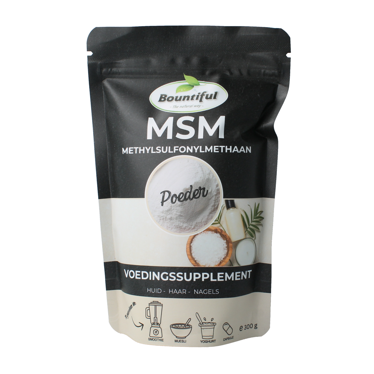 Bountiful MSM powder in 300g mineral supplement container, showing white crystalline powder and packaging label