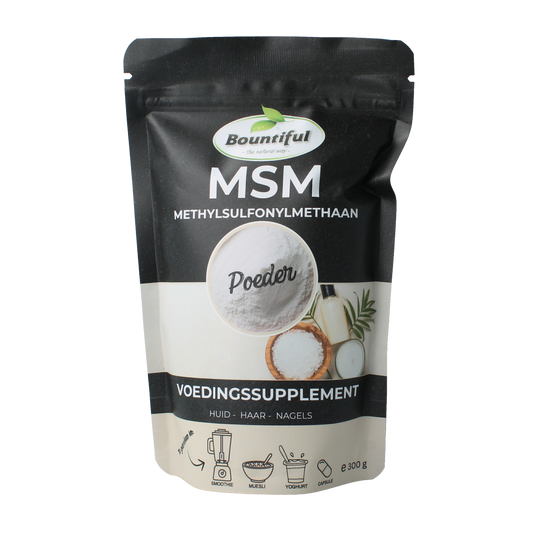 Bountiful MSM powder in 300g mineral supplement container, showing white crystalline powder and packaging label