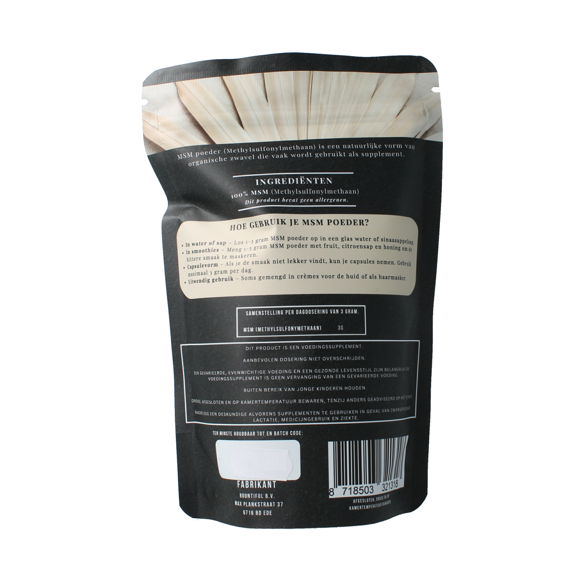 Bountiful MSM mineral powder in 300g container, white crystalline supplement, natural dietary mineral supplement from Bountiful.
