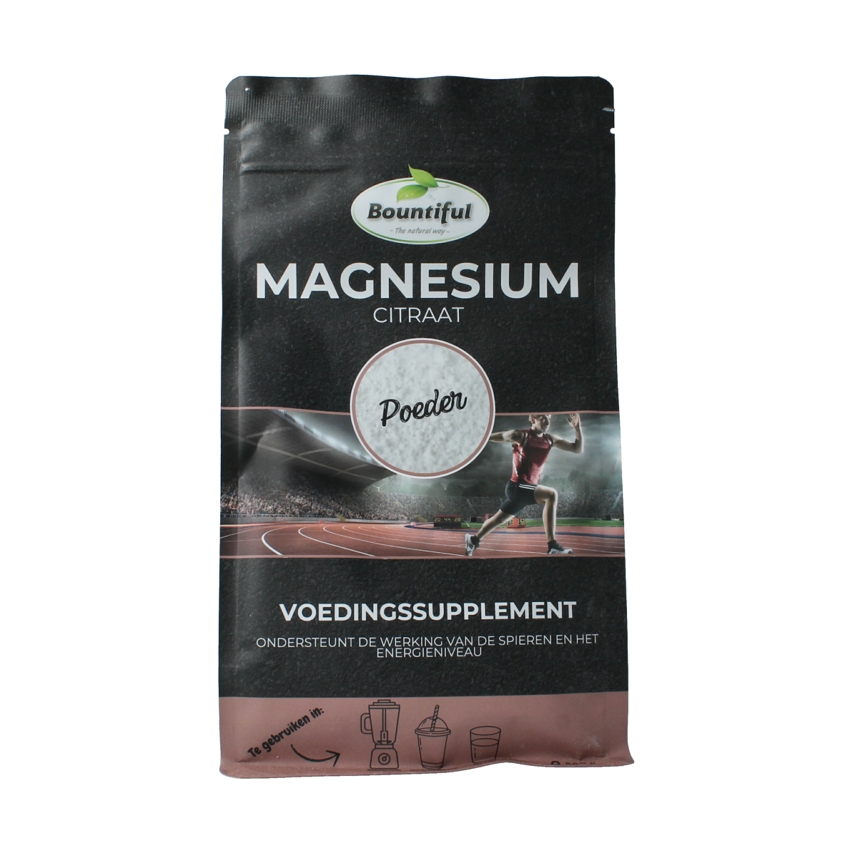 Bountiful Magnesium Citraat powder in a 500g mineral supplement package, showing the product label and powder inside a container.