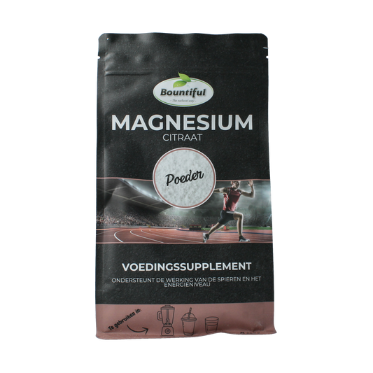 Bountiful Magnesium Citraat powder in a 500g mineral supplement package, showing the product label and powder inside a container.