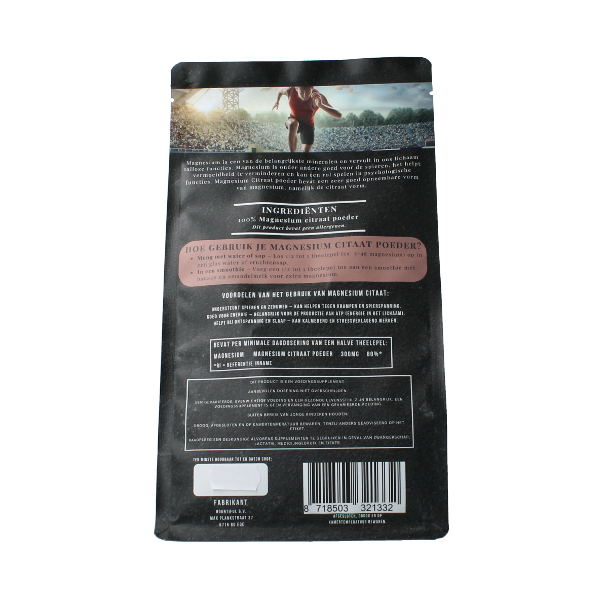 Bountiful Magnesium Citraat poeder in 500g verpakking, mineralen supplement with white powder visible in the image
