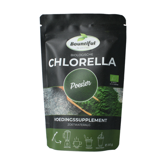Bountiful Bountiful Chlorella powder organic supplement in 150g package, green powdered superfood for health and detox.
