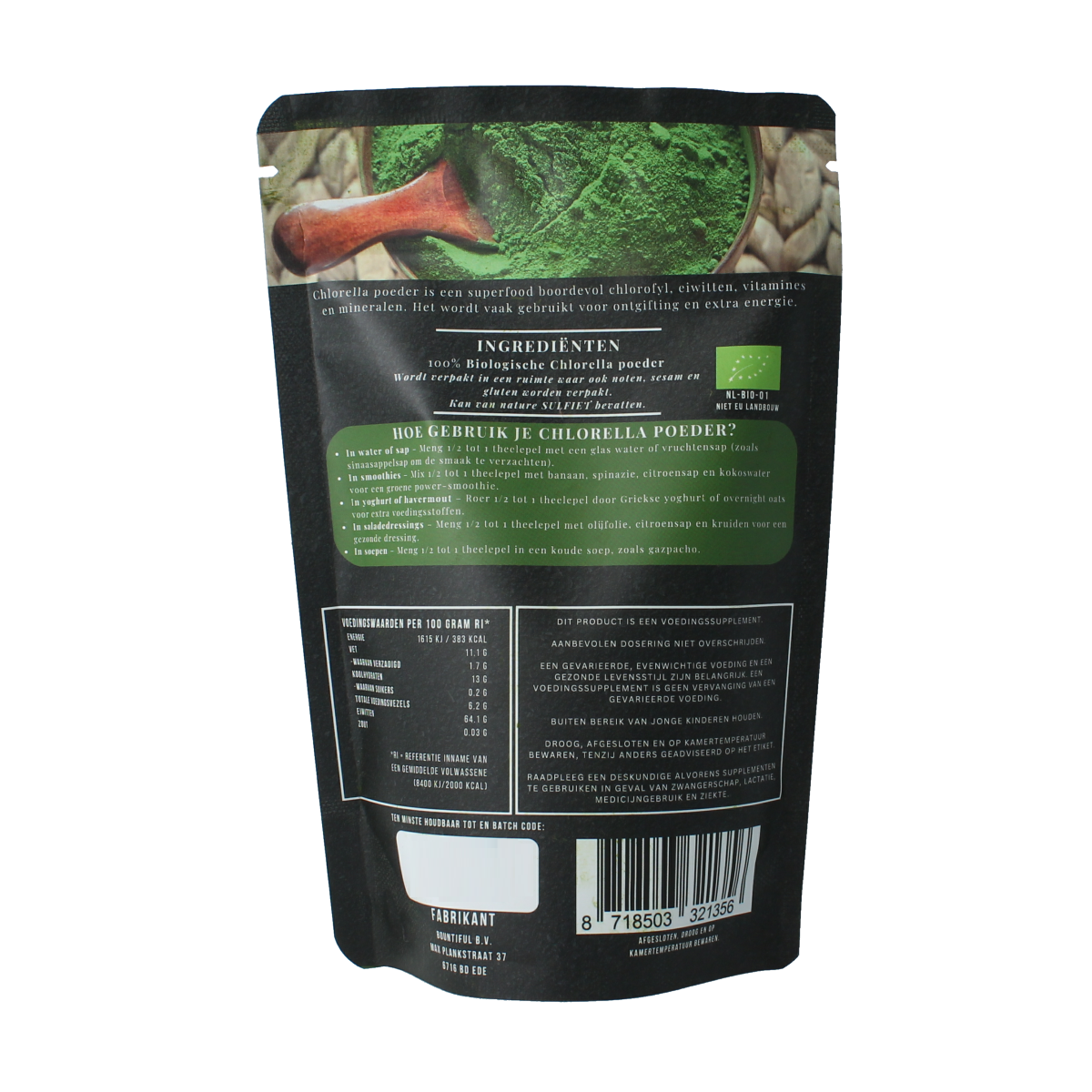 Bountiful Bountiful Chlorella powder organic supplement in 150g bag, vibrant green algae for health and detox.