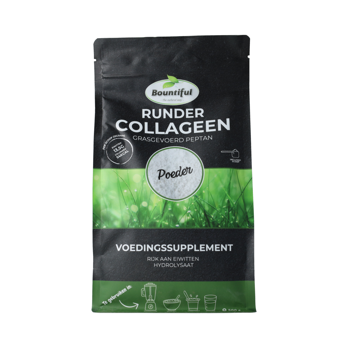 Bountiful Runder Collagen Aminozuren supplement in 500g container, showing the label and packaging details