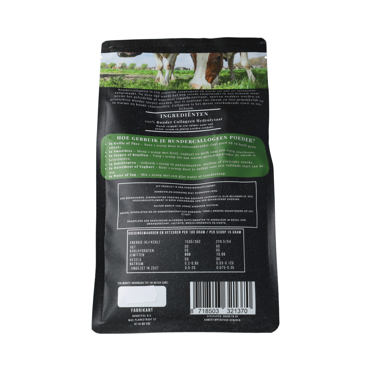 Bountiful Runder Collagen amino acids supplement in 500g package, featuring a label with nutritional information and product branding.