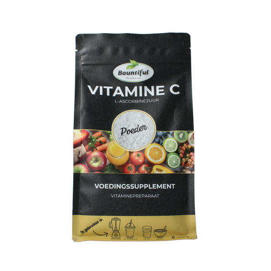 Bountiful Vitamin C powder in a 1000g container, showing the ascorbic acid supplement with a white powder inside.