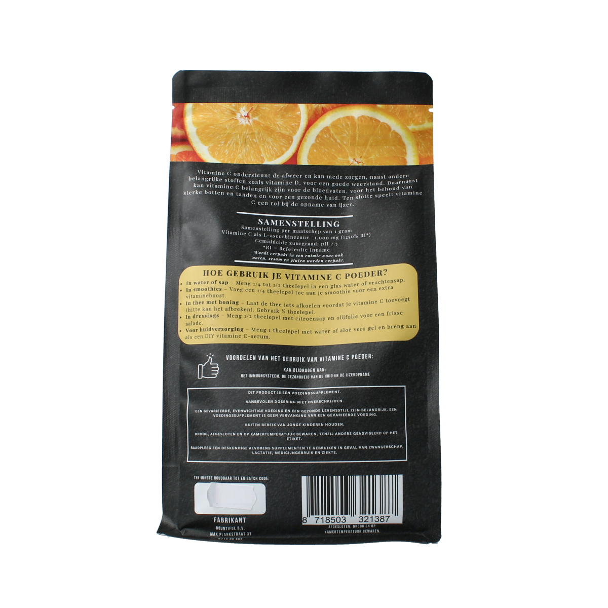 Bountiful Vitamin C powder ascorbic acid in a 1000g container, natural vitamin supplement with bright orange powder visible in the image.
