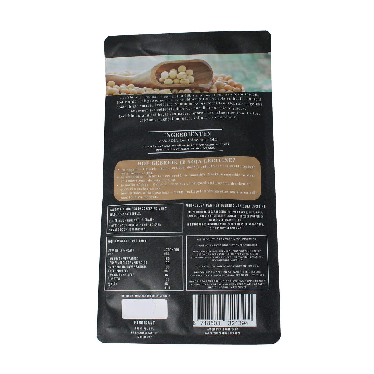 Bountiful Lecithine granulaat 98% in 400g container, a herbal supplement with yellow granulated lecithin pieces.