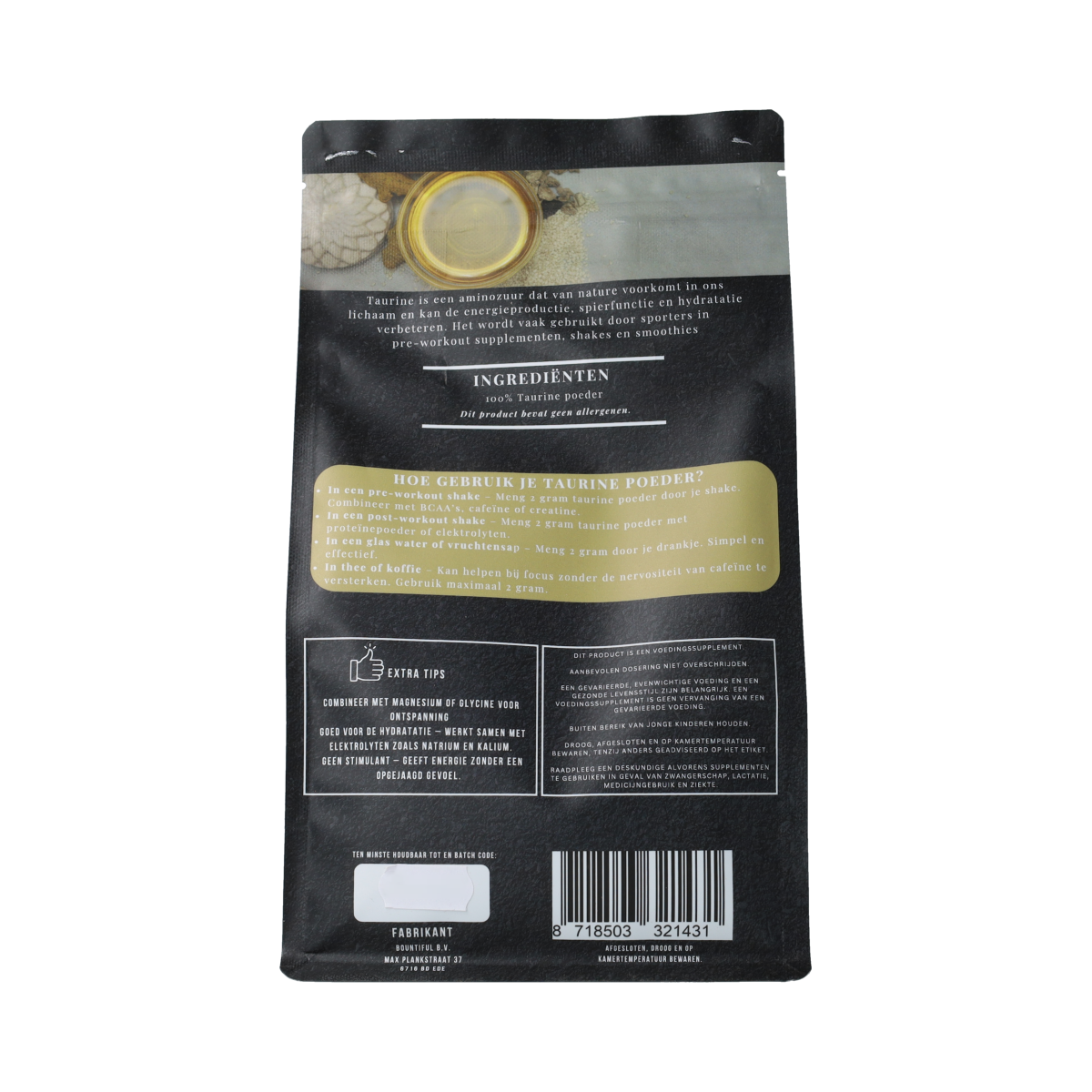 Bountiful Taurine powder in 500g container, dietary amino acid supplement packaging with product label.